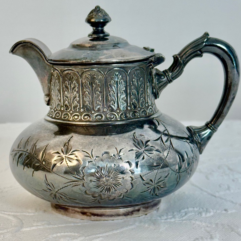 James W Tufts Boston Antique Quadruple Plate Silver Teapot Creamer Floral 1948